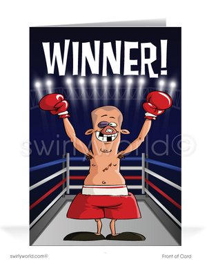 Funny Cartoon Boxer "You're a Knock-Out" Business Thank You Cards for Customers