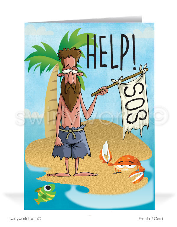 S.O.S. Lost on Desert Island Miss Your Business Funny Cards for Customers