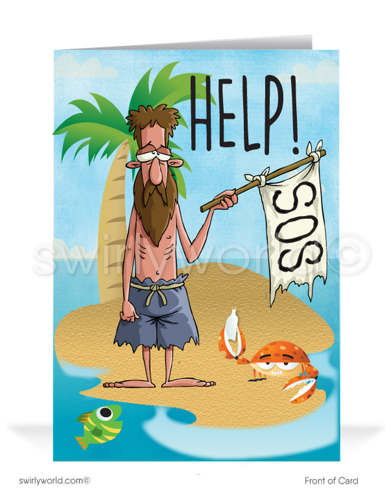 S.O.S. Lost on Desert Island Miss Your Business Funny Cards for Customers