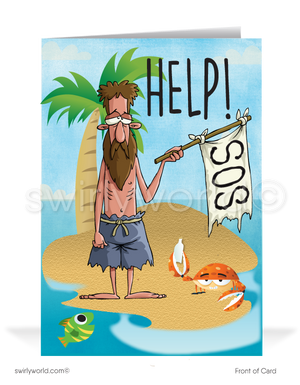 S.O.S. Lost on Desert Island Miss Your Business Funny Cards for Customers