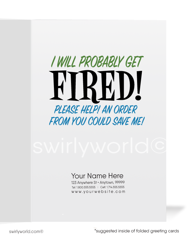 Funny Salesman Getting Fired From Cannon Marketing Cards for Customers. Funny Cartoon Prospecting New Business Customer Cards. Harrison Greeting cards. Harrison Publishing Company customer cards. We miss your business.