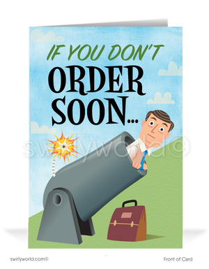 Funny Salesman Getting Fired From Cannon Marketing Cards for Customers. Funny Cartoon Prospecting New Business Customer Cards. Harrison Greeting cards. Harrison Publishing Company customer cards. We miss your business.