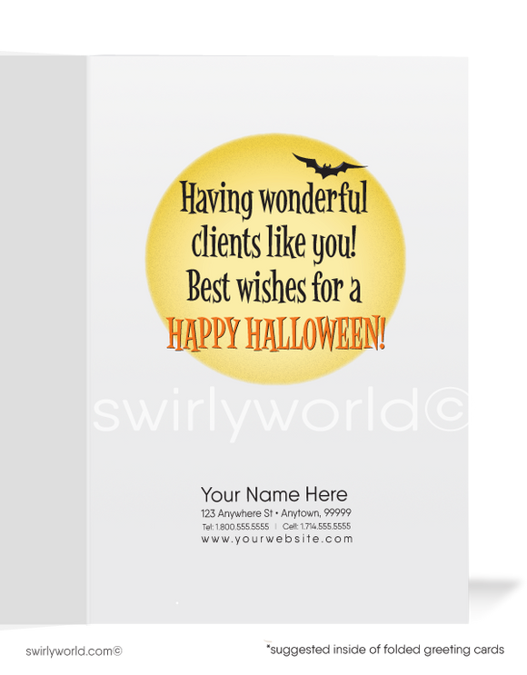 Cute Costumed Witch Woman in Business Printed Halloween Greeting Cards for Clients 