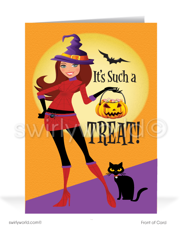 Cute Costumed Witch Woman in Business Printed Halloween Greeting Cards for Clients 