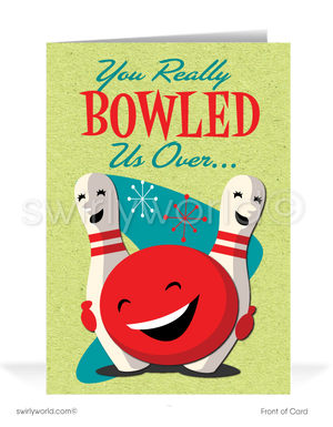 Retro Bowling Pin "Bowled Us Over" Funny Business Cartoon Cards for Customers