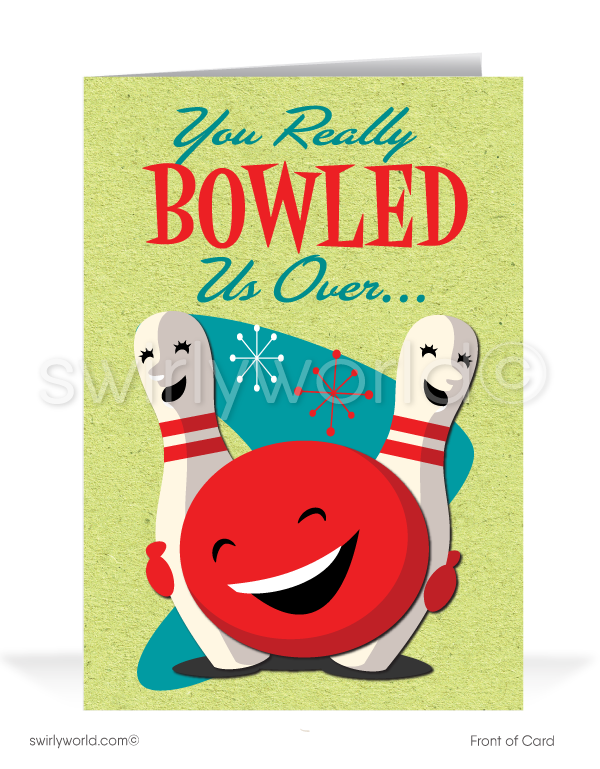 Retro Bowling Pin "Bowled Us Over" Funny Business Cartoon Cards for Customers