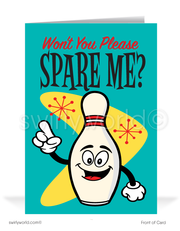 Funny Cartoon Retro Bowling Pin Thank You Cards for Customers