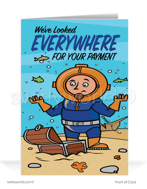 Scuba diver looking for treasure. Funny humorous ice-breaking get payments on past-due bill collection accounts.