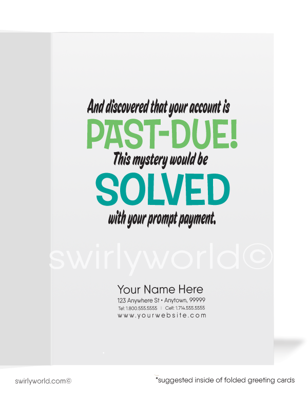 Cartoon Humorous Funny Detective Get Paid on Past Due Bill Collection Cards