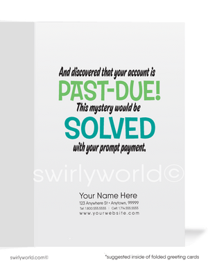 Cartoon Humorous Funny Detective Get Paid on Past Due Bill Collection Cards
