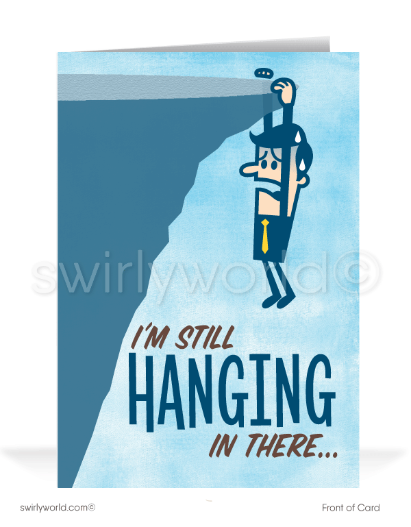 Funny Salesman Hanging Off Cliff Pay Your Past-Due Invoice Bill Collection Cards.