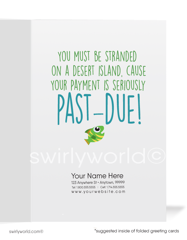 SOS! Help. Funny Trapped on Desert Island Pun Pay Your Past-Due Invoice.