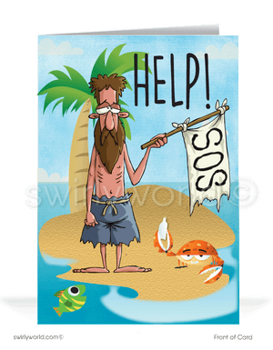 SOS! Help. Funny Trapped on Desert Island Pun Pay Your Past-Due Invoice.