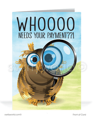 Funny Owl Bill Collection Debt Payment on Past Due Accounts Greeting Cards for Customers