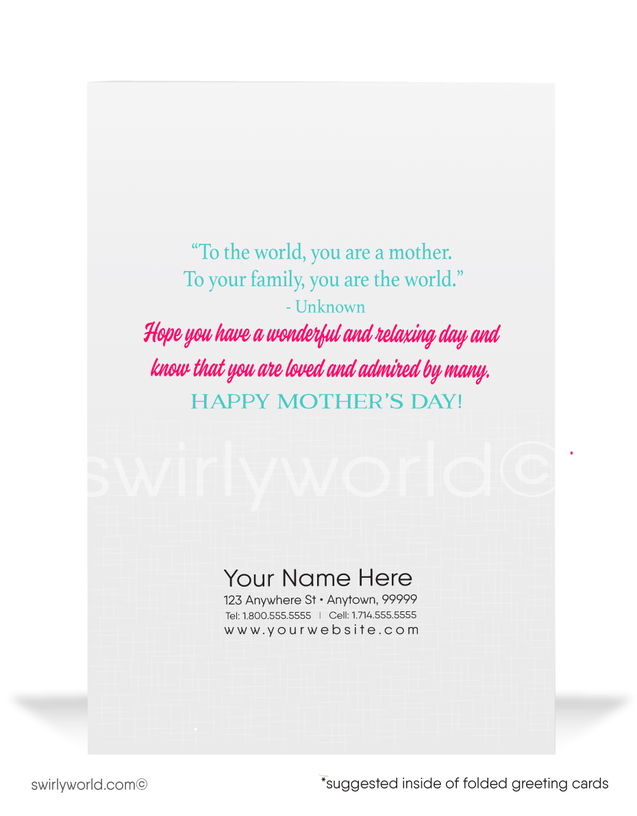 Surprise moms with Swirly World's delightful cartoon-style Mother’s Day cards, featuring a mom treated to breakfast in bed. Perfect for businesses and individuals, customize to create a heartfelt impact. Choose modern flatcards or classic folded cards to enhance your thoughtful gestures and strengthen bonds