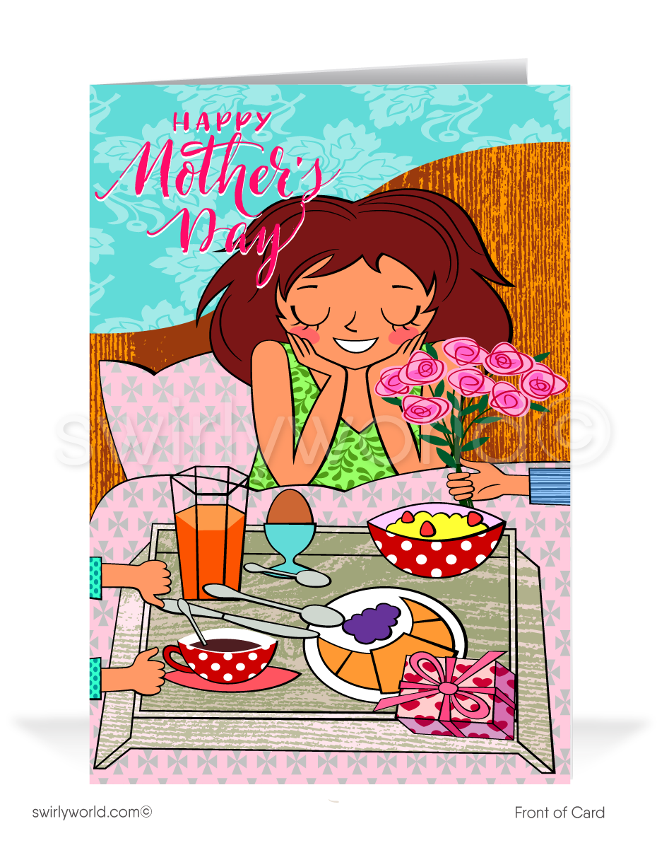 Surprise moms with Swirly World's delightful cartoon-style Mother’s Day cards, featuring a mom treated to breakfast in bed. Perfect for businesses and individuals, customize to create a heartfelt impact. Choose modern flatcards or classic folded cards to enhance your thoughtful gestures and strengthen bonds