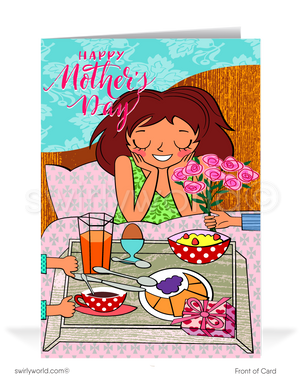 Surprise moms with Swirly World's delightful cartoon-style Mother’s Day cards, featuring a mom treated to breakfast in bed. Perfect for businesses and individuals, customize to create a heartfelt impact. Choose modern flatcards or classic folded cards to enhance your thoughtful gestures and strengthen bonds