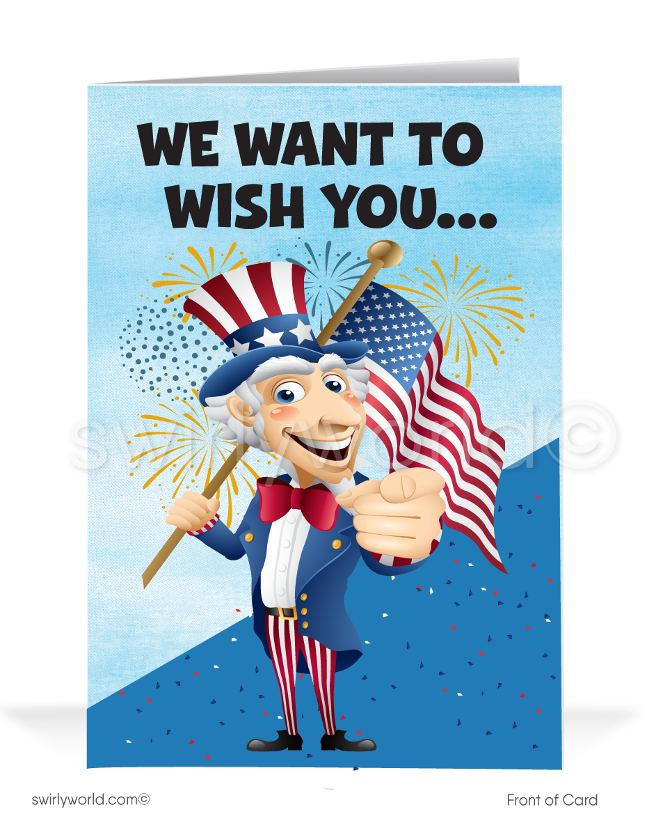 Uncle Sam Funny Cartoon Patriotic Happy 4th of July Independence Day Greeting Cards