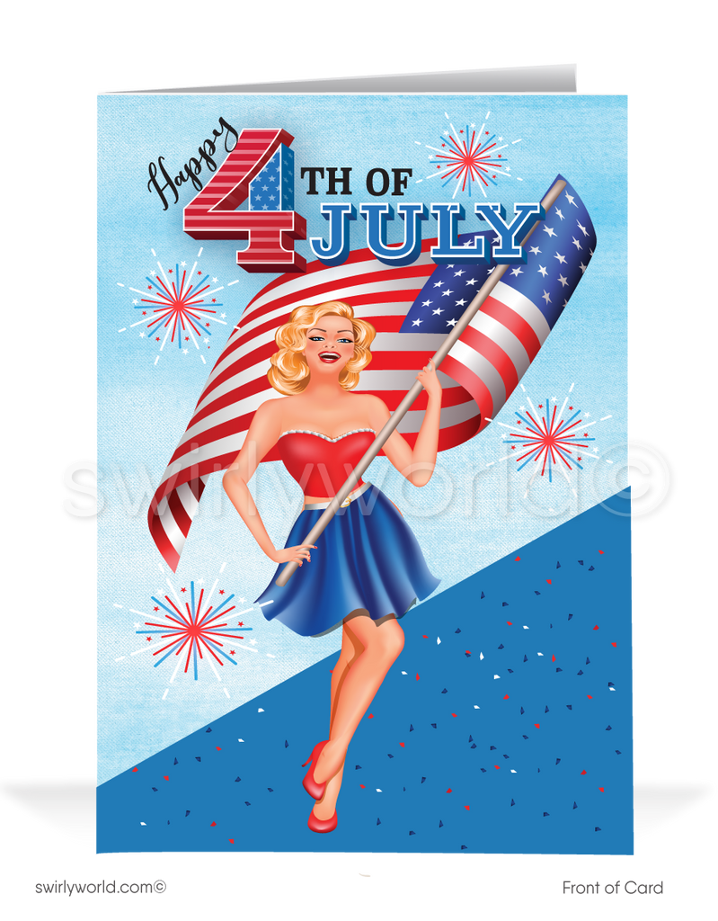 Patriotic Retro Pin-up Girl Waving American Flag 4th of July Independence Day Cards