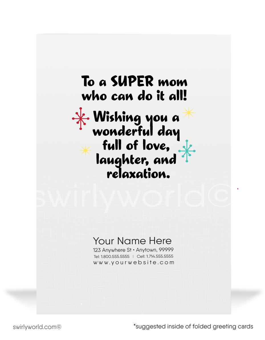 Cartoon supermom happy Mother's Day cards for business clientsShow appreciation with Swirly World's 'Super Mom' Mother’s Day cards, featuring a humorous cartoon mom multitasking brilliantly. Perfect for businesses, personalize each card to resonate. Opt for modern flatcards or classic folded cards to strengthen bonds with a meaningful, tailored touch this Mother’s Day.