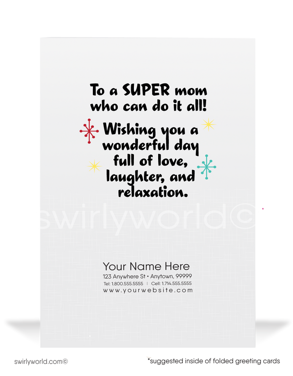 Cartoon supermom happy Mother's Day cards for business clientsShow appreciation with Swirly World's 'Super Mom' Mother’s Day cards, featuring a humorous cartoon mom multitasking brilliantly. Perfect for businesses, personalize each card to resonate. Opt for modern flatcards or classic folded cards to strengthen bonds with a meaningful, tailored touch this Mother’s Day.