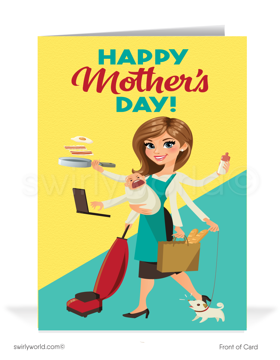Cartoon supermom happy Mother's Day cards for business clientsShow appreciation with Swirly World's 'Super Mom' Mother’s Day cards, featuring a humorous cartoon mom multitasking brilliantly. Perfect for businesses, personalize each card to resonate. Opt for modern flatcards or classic folded cards to strengthen bonds with a meaningful, tailored touch this Mother’s Day.