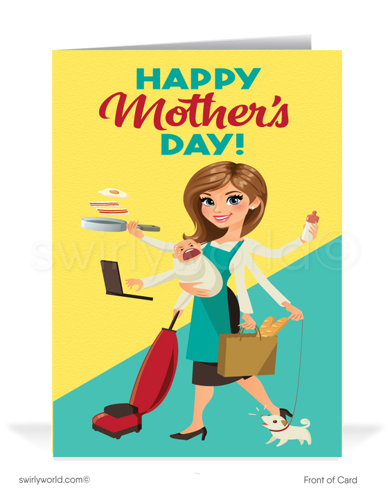 Cartoon supermom happy Mother's Day cards for business clientsShow appreciation with Swirly World's 'Super Mom' Mother’s Day cards, featuring a humorous cartoon mom multitasking brilliantly. Perfect for businesses, personalize each card to resonate. Opt for modern flatcards or classic folded cards to strengthen bonds with a meaningful, tailored touch this Mother’s Day.