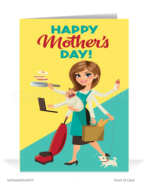Cartoon supermom happy Mother's Day cards for business clientsShow appreciation with Swirly World's 'Super Mom' Mother’s Day cards, featuring a humorous cartoon mom multitasking brilliantly. Perfect for businesses, personalize each card to resonate. Opt for modern flatcards or classic folded cards to strengthen bonds with a meaningful, tailored touch this Mother’s Day.