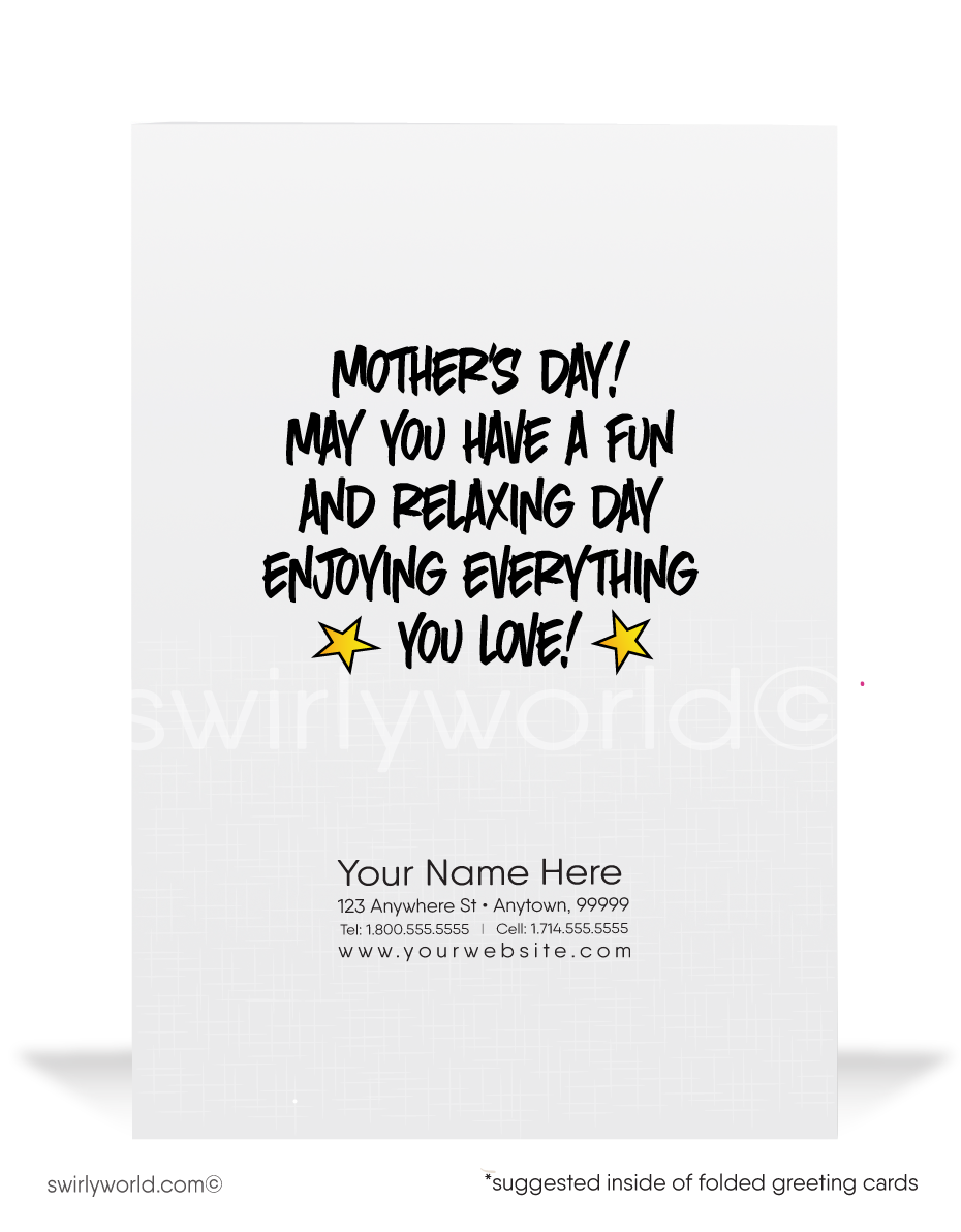 Delight superhero moms with Swirly World's cartoon-style 'Super Mom' Mother’s Day cards, perfect for businesses and individuals. Personalize to express unique, heartfelt messages. Opt for sleek flatcards or traditional folded cards to celebrate and deepen relationships with your most cherished mothers.