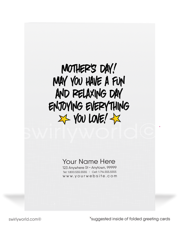 Delight superhero moms with Swirly World's cartoon-style 'Super Mom' Mother’s Day cards, perfect for businesses and individuals. Personalize to express unique, heartfelt messages. Opt for sleek flatcards or traditional folded cards to celebrate and deepen relationships with your most cherished mothers.