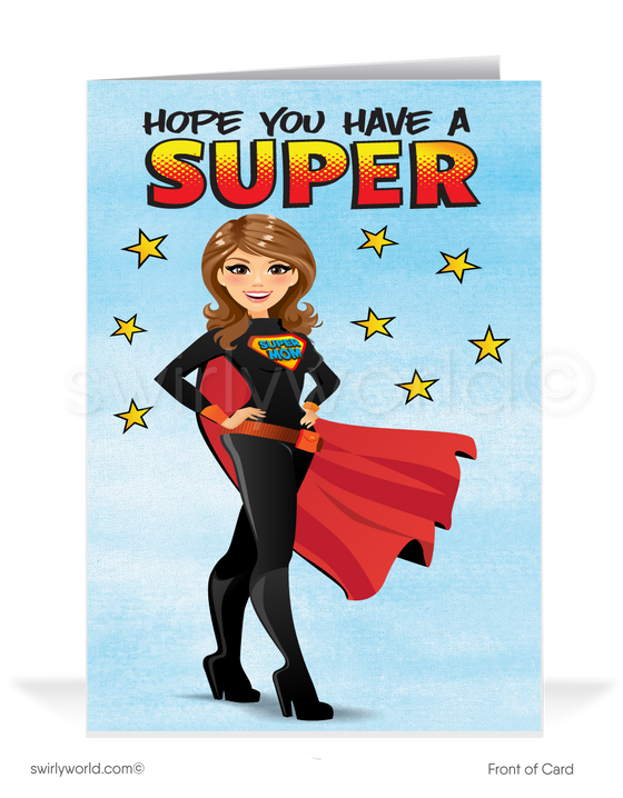 Delight superhero moms with Swirly World's cartoon-style 'Super Mom' Mother’s Day cards, perfect for businesses and individuals. Personalize to express unique, heartfelt messages. Opt for sleek flatcards or traditional folded cards to celebrate and deepen relationships with your most cherished mothers.