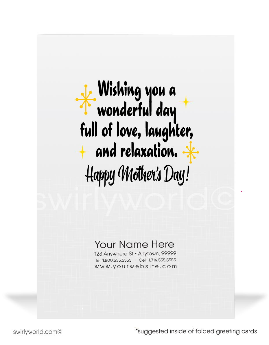 Salute the 'Queen Bee' moms with Swirly World's unique cartoon-style Mother’s Day cards. Perfect for businesses and individuals, personalize with your heartfelt message. Choose sleek flatcards or classic folded cards to deepen connections and honor cherished mothers with a distinctive, thoughtful gesture.
