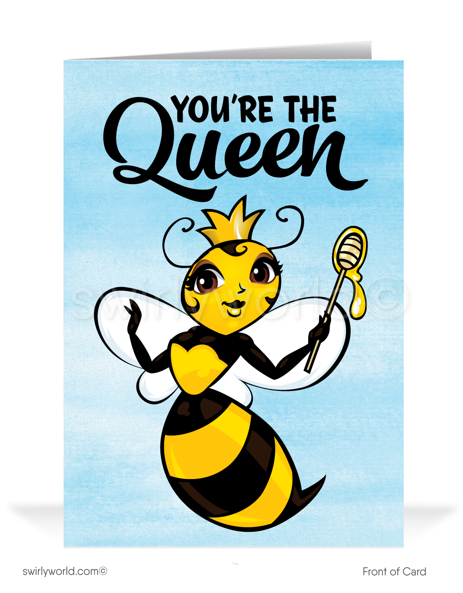 Salute the 'Queen Bee' moms with Swirly World's unique cartoon-style Mother’s Day cards. Perfect for businesses and individuals, personalize with your heartfelt message. Choose sleek flatcards or classic folded cards to deepen connections and honor cherished mothers with a distinctive, thoughtful gesture.