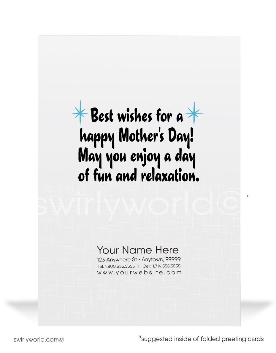 Delight moms with Swirly World's cartoon-style Happy Mother's Day cards featuring a cute penguin on an iceberg. Perfect for businesses to appreciate mom clients, customize with heartfelt messages. Choose from modern flatcards or traditional folded cards to deepen connections with a memorable, thoughtful gesture.