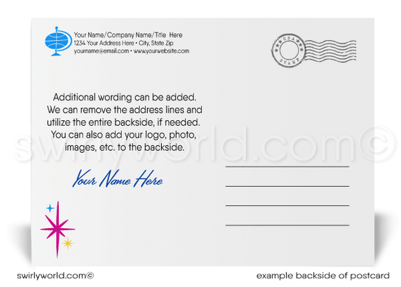 Cool and festive fireworks celebrate happy New Year postcards for business clients.