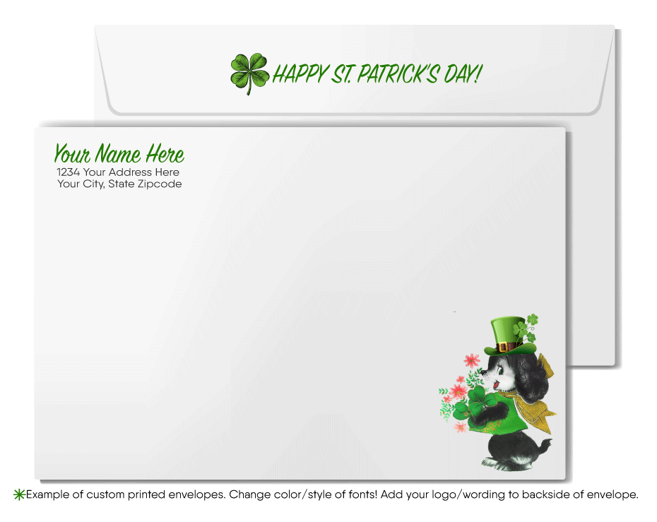 Vintage 1940s-1950s retro kitsch traditional Irish cat leprechaun green shamrocks  happy St. Patrick's Day greeting cards.