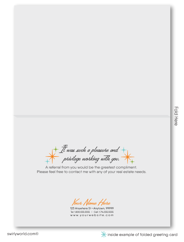 Retro Mid-Century Modern Thank Note Cards For Sales Marketing Realtors. Cool MCM mid-century style retro modern houses on waterfront thank you for your referrals note cards for realtors®.