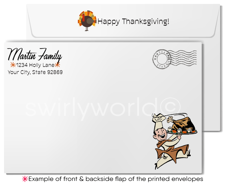 Vintage Pinup Mid-Century Thanksgiving Card with Retro Pilgrim Design and Starbursts