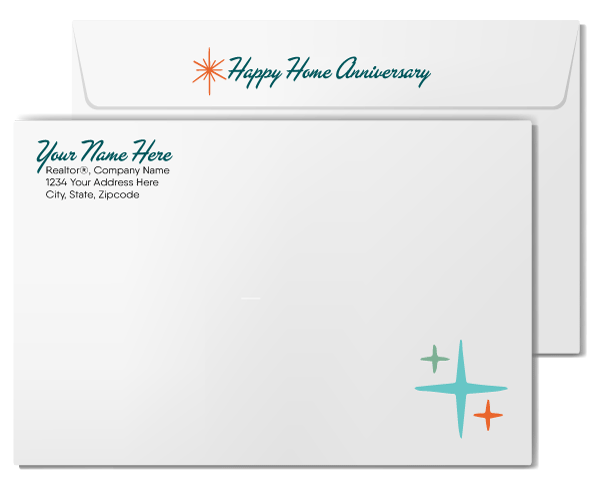 Retro Hostess cupcake with candle mid-century modern atomic home anniversary cards marketing for Realtors®.