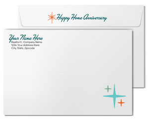 Retro Hostess cupcake with candle mid-century modern atomic home anniversary cards marketing for Realtors®.