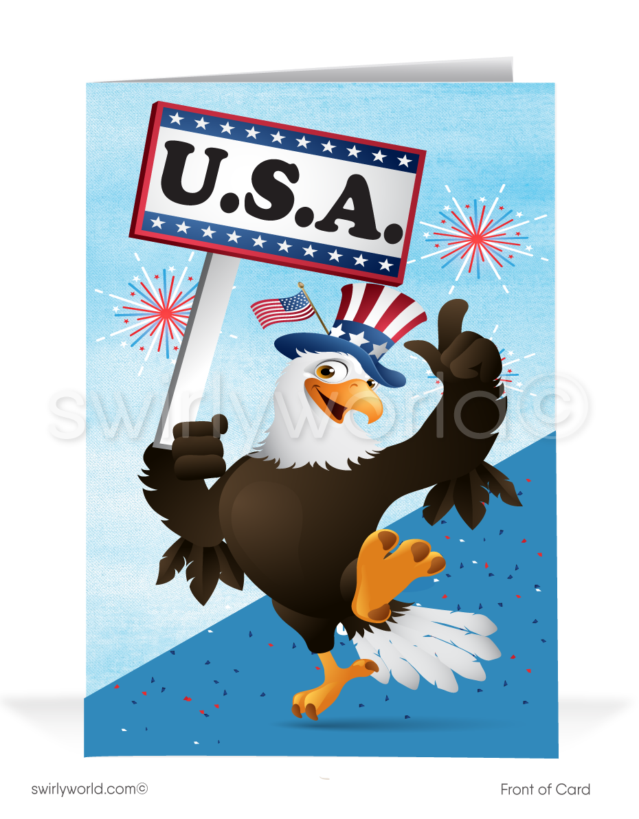 Festive 4th of July greeting card for professionals featuring a patriotic bald eagle and fireworks. Perfect for client connections and business marketing.