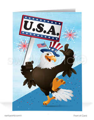 Festive 4th of July greeting card for professionals featuring a patriotic bald eagle and fireworks. Perfect for client connections and business marketing.