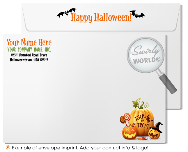 Brighten Halloween with Swirly World's Jack-O'-Lantern Greeting Card! Featuring a joyful gathering of pumpkins and the phrase "We All Light Up!" on the front, this card is perfect for spreading Halloween cheer to clients and friends. Customizable envelopes available for a personal touch!