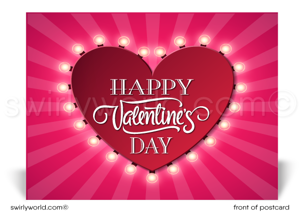 "Heart of my business" vintage style red heart with lights bulbs around; happy Valentine's Day postcards for business professionals.