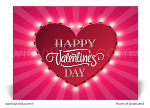 "Heart of my business" vintage style red heart with lights bulbs around; happy Valentine's Day postcards for business professionals.