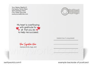 Heart air balloon flying over a neighborhood of houses with floating hearts; happy Valentine's Day cards for Realtors®.