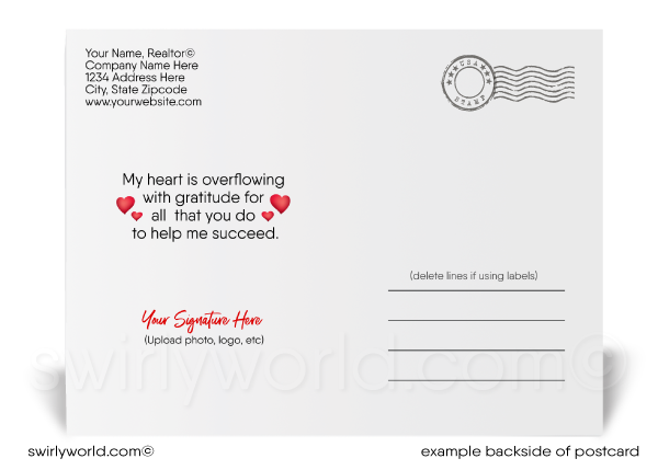 Heart air balloon flying over a neighborhood of houses with floating hearts; happy Valentine's Day cards for Realtors®.