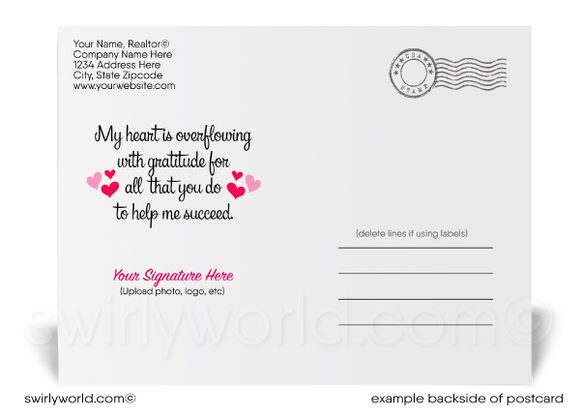 Row of cute houses made of hearts happy Valentine's Day postcards for Realtors®.