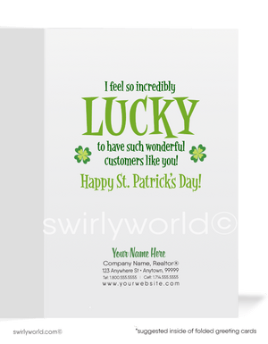Cute business "Lucky to have you as a customer" green shamrocks leprechaun with pot of gold at end of rainbow happy St. Patrick's Day greeting cards