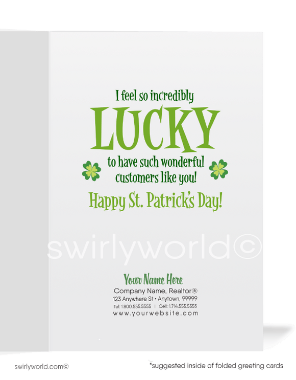 Cute business "Lucky to have you as a customer" green shamrocks leprechaun with pot of gold at end of rainbow happy St. Patrick's Day greeting cards